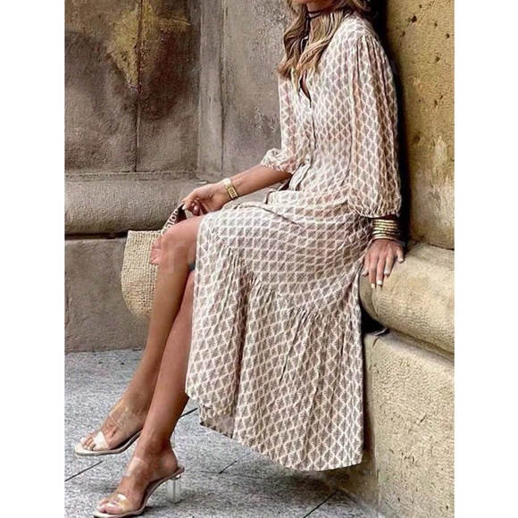 Printed Dress Lantern Sleeve Button Up White Tan - Picture 3 of 9